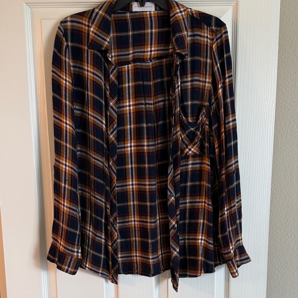 Womens dark blue and orange Plaid Button-Up flannel - Classic Casual